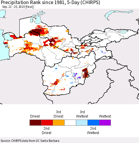 Central Asia Precipitation Rank since 1981, 5-Day (CHIRPS) Thematic Map For 9/21/2023 - 9/25/2023
