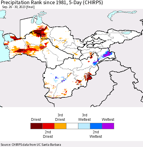 Central Asia Precipitation Rank since 1981, 5-Day (CHIRPS) Thematic Map For 9/26/2023 - 9/30/2023