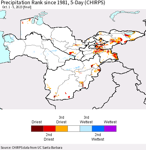 Central Asia Precipitation Rank since 1981, 5-Day (CHIRPS) Thematic Map For 10/1/2023 - 10/5/2023