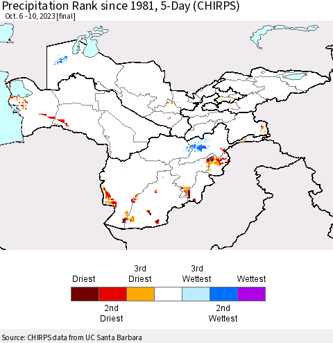 Central Asia Precipitation Rank since 1981, 5-Day (CHIRPS) Thematic Map For 10/6/2023 - 10/10/2023