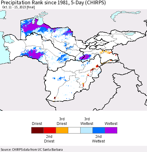 Central Asia Precipitation Rank since 1981, 5-Day (CHIRPS) Thematic Map For 10/11/2023 - 10/15/2023