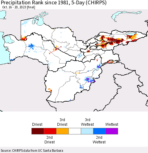 Central Asia Precipitation Rank since 1981, 5-Day (CHIRPS) Thematic Map For 10/16/2023 - 10/20/2023