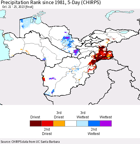 Central Asia Precipitation Rank since 1981, 5-Day (CHIRPS) Thematic Map For 10/21/2023 - 10/25/2023