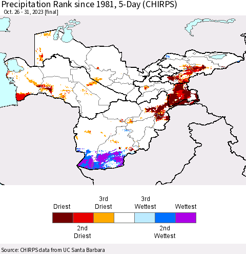 Central Asia Precipitation Rank since 1981, 5-Day (CHIRPS) Thematic Map For 10/26/2023 - 10/31/2023