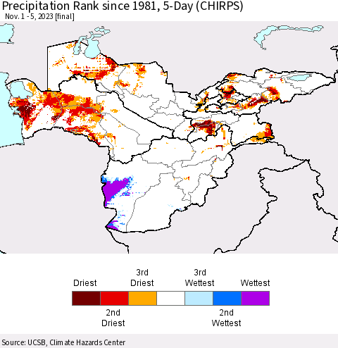 Central Asia Precipitation Rank since 1981, 5-Day (CHIRPS) Thematic Map For 11/1/2023 - 11/5/2023