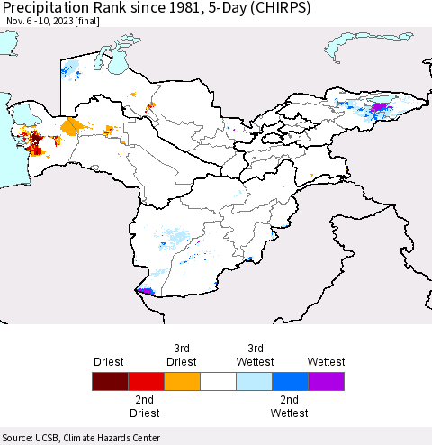 Central Asia Precipitation Rank since 1981, 5-Day (CHIRPS) Thematic Map For 11/6/2023 - 11/10/2023