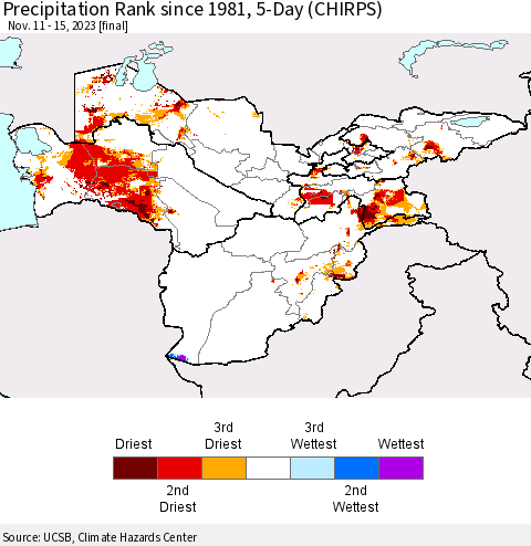Central Asia Precipitation Rank since 1981, 5-Day (CHIRPS) Thematic Map For 11/11/2023 - 11/15/2023