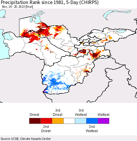Central Asia Precipitation Rank since 1981, 5-Day (CHIRPS) Thematic Map For 11/16/2023 - 11/20/2023