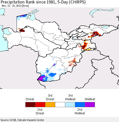 Central Asia Precipitation Rank since 1981, 5-Day (CHIRPS) Thematic Map For 11/21/2023 - 11/25/2023