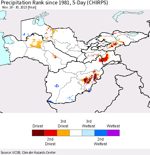 Central Asia Precipitation Rank since 1981, 5-Day (CHIRPS) Thematic Map For 11/26/2023 - 11/30/2023