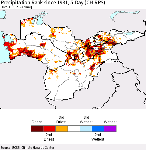 Central Asia Precipitation Rank since 1981, 5-Day (CHIRPS) Thematic Map For 12/1/2023 - 12/5/2023