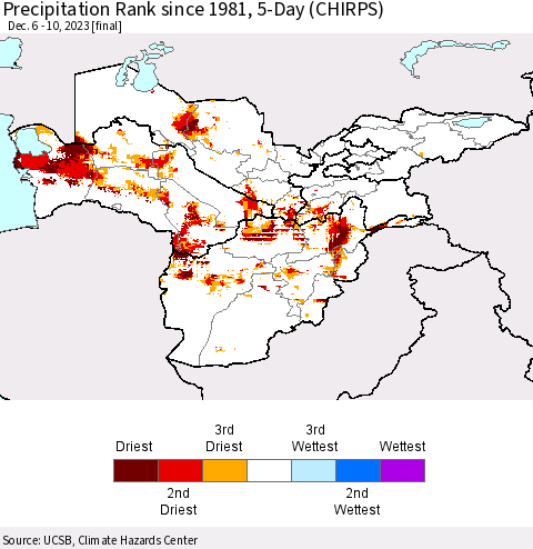 Central Asia Precipitation Rank since 1981, 5-Day (CHIRPS) Thematic Map For 12/6/2023 - 12/10/2023
