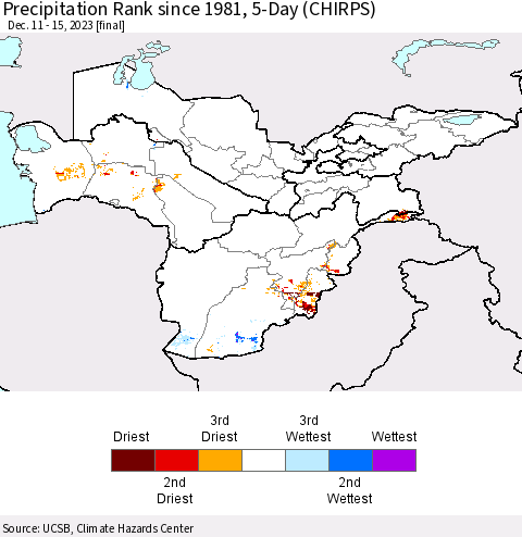 Central Asia Precipitation Rank since 1981, 5-Day (CHIRPS) Thematic Map For 12/11/2023 - 12/15/2023