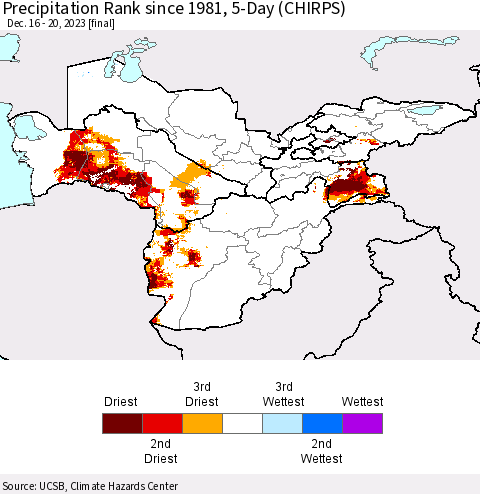 Central Asia Precipitation Rank since 1981, 5-Day (CHIRPS) Thematic Map For 12/16/2023 - 12/20/2023