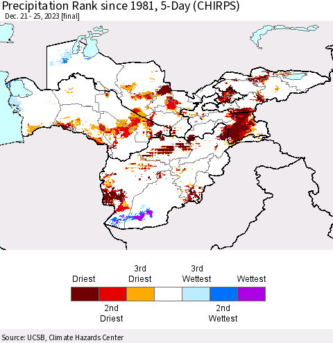 Central Asia Precipitation Rank since 1981, 5-Day (CHIRPS) Thematic Map For 12/21/2023 - 12/25/2023