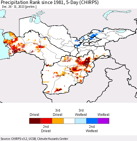 Central Asia Precipitation Rank since 1981, 5-Day (CHIRPS) Thematic Map For 12/26/2023 - 12/31/2023