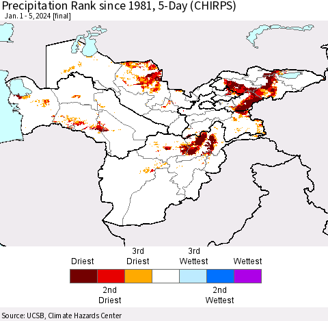 Central Asia Precipitation Rank since 1981, 5-Day (CHIRPS) Thematic Map For 1/1/2024 - 1/5/2024