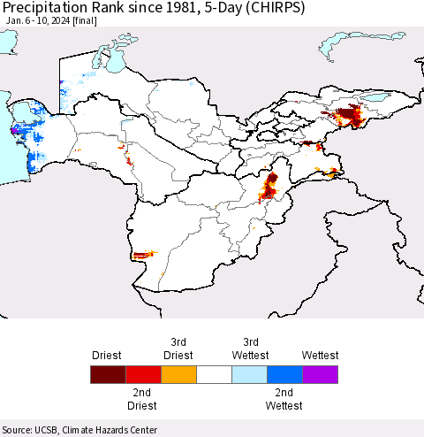 Central Asia Precipitation Rank since 1981, 5-Day (CHIRPS) Thematic Map For 1/6/2024 - 1/10/2024