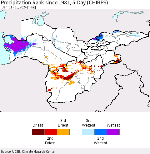 Central Asia Precipitation Rank since 1981, 5-Day (CHIRPS) Thematic Map For 1/11/2024 - 1/15/2024
