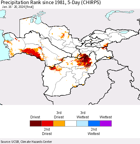 Central Asia Precipitation Rank since 1981, 5-Day (CHIRPS) Thematic Map For 1/16/2024 - 1/20/2024