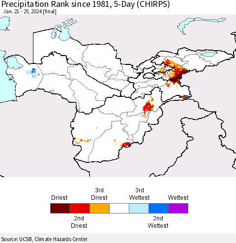Central Asia Precipitation Rank since 1981, 5-Day (CHIRPS) Thematic Map For 1/21/2024 - 1/25/2024