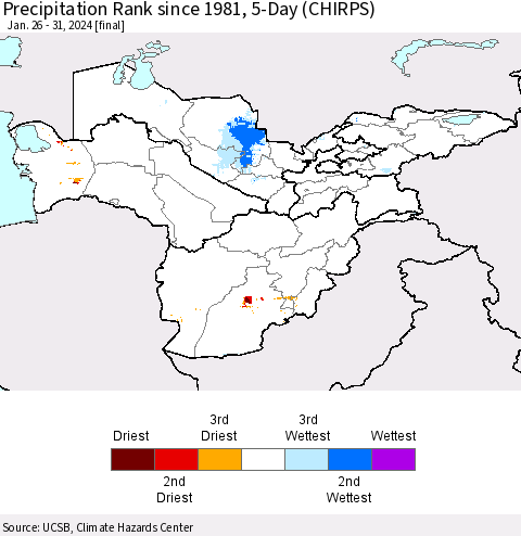 Central Asia Precipitation Rank since 1981, 5-Day (CHIRPS) Thematic Map For 1/26/2024 - 1/31/2024