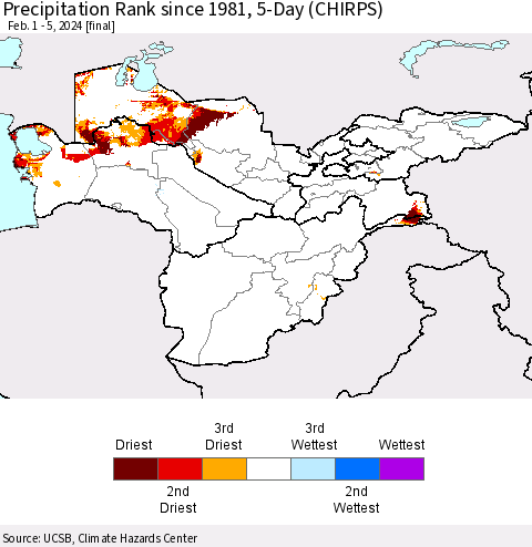 Central Asia Precipitation Rank since 1981, 5-Day (CHIRPS) Thematic Map For 2/1/2024 - 2/5/2024