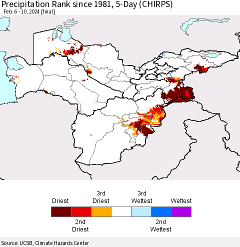 Central Asia Precipitation Rank since 1981, 5-Day (CHIRPS) Thematic Map For 2/6/2024 - 2/10/2024