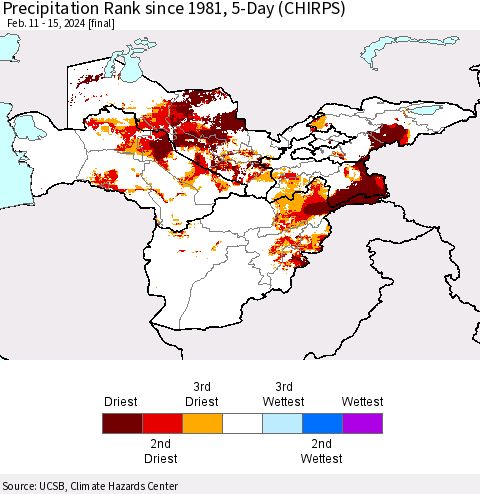 Central Asia Precipitation Rank since 1981, 5-Day (CHIRPS) Thematic Map For 2/11/2024 - 2/15/2024