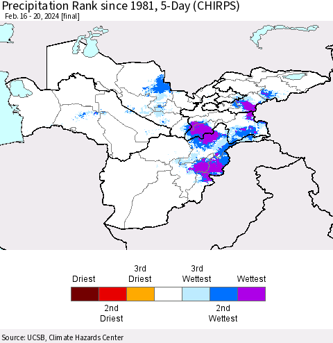 Central Asia Precipitation Rank since 1981, 5-Day (CHIRPS) Thematic Map For 2/16/2024 - 2/20/2024