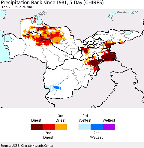 Central Asia Precipitation Rank since 1981, 5-Day (CHIRPS) Thematic Map For 2/21/2024 - 2/25/2024