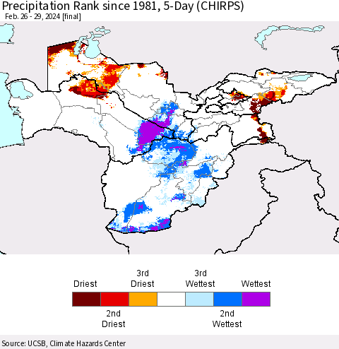 Central Asia Precipitation Rank since 1981, 5-Day (CHIRPS) Thematic Map For 2/26/2024 - 2/29/2024