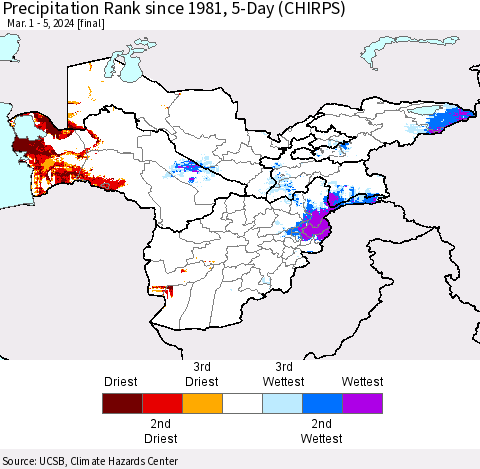 Central Asia Precipitation Rank since 1981, 5-Day (CHIRPS) Thematic Map For 3/1/2024 - 3/5/2024