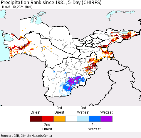 Central Asia Precipitation Rank since 1981, 5-Day (CHIRPS) Thematic Map For 3/6/2024 - 3/10/2024