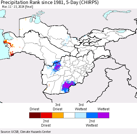 Central Asia Precipitation Rank since 1981, 5-Day (CHIRPS) Thematic Map For 3/11/2024 - 3/15/2024