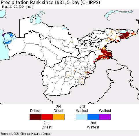 Central Asia Precipitation Rank since 1981, 5-Day (CHIRPS) Thematic Map For 3/16/2024 - 3/20/2024