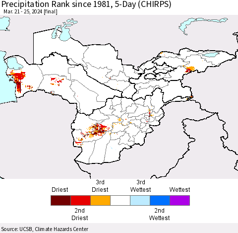 Central Asia Precipitation Rank since 1981, 5-Day (CHIRPS) Thematic Map For 3/21/2024 - 3/25/2024
