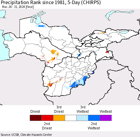 Central Asia Precipitation Rank since 1981, 5-Day (CHIRPS) Thematic Map For 3/26/2024 - 3/31/2024