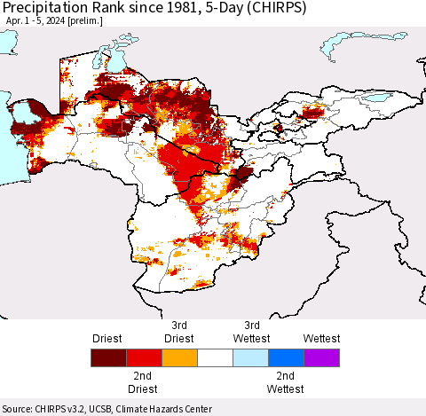 Central Asia Precipitation Rank since 1981, 5-Day (CHIRPS) Thematic Map For 4/1/2024 - 4/5/2024