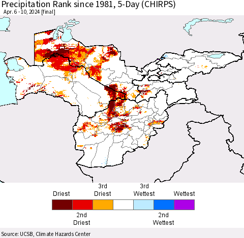 Central Asia Precipitation Rank since 1981, 5-Day (CHIRPS) Thematic Map For 4/6/2024 - 4/10/2024