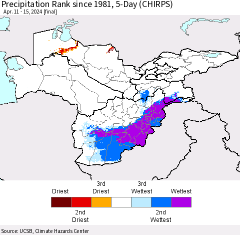 Central Asia Precipitation Rank since 1981, 5-Day (CHIRPS) Thematic Map For 4/11/2024 - 4/15/2024