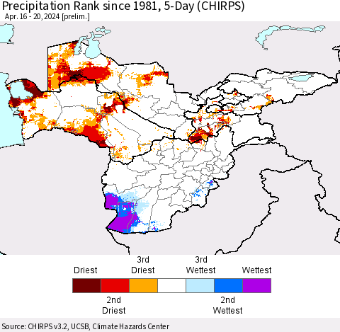 Central Asia Precipitation Rank since 1981, 5-Day (CHIRPS) Thematic Map For 4/16/2024 - 4/20/2024
