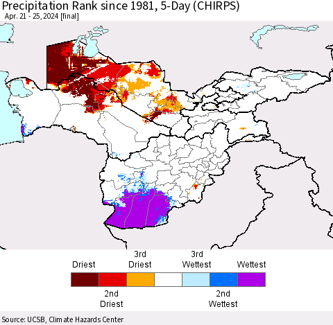 Central Asia Precipitation Rank since 1981, 5-Day (CHIRPS) Thematic Map For 4/21/2024 - 4/25/2024