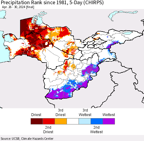 Central Asia Precipitation Rank since 1981, 5-Day (CHIRPS) Thematic Map For 4/26/2024 - 4/30/2024