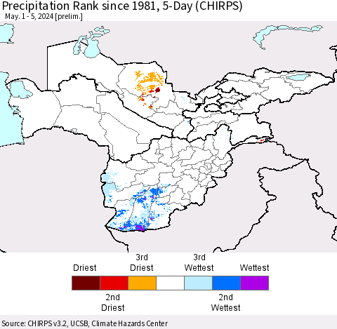 Central Asia Precipitation Rank since 1981, 5-Day (CHIRPS) Thematic Map For 5/1/2024 - 5/5/2024