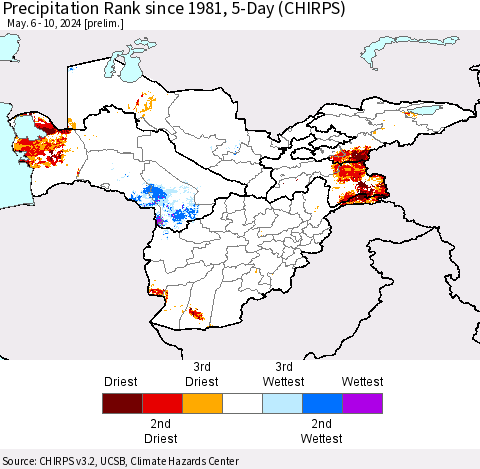 Central Asia Precipitation Rank since 1981, 5-Day (CHIRPS) Thematic Map For 5/6/2024 - 5/10/2024