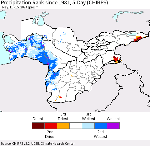 Central Asia Precipitation Rank since 1981, 5-Day (CHIRPS) Thematic Map For 5/11/2024 - 5/15/2024