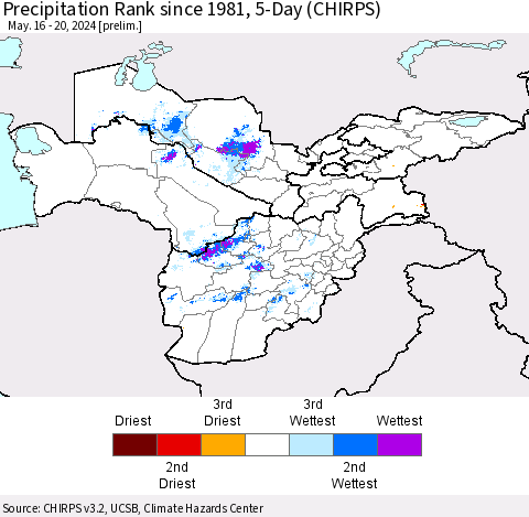 Central Asia Precipitation Rank since 1981, 5-Day (CHIRPS) Thematic Map For 5/16/2024 - 5/20/2024