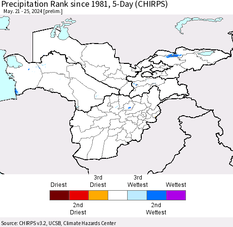 Central Asia Precipitation Rank since 1981, 5-Day (CHIRPS) Thematic Map For 5/21/2024 - 5/25/2024