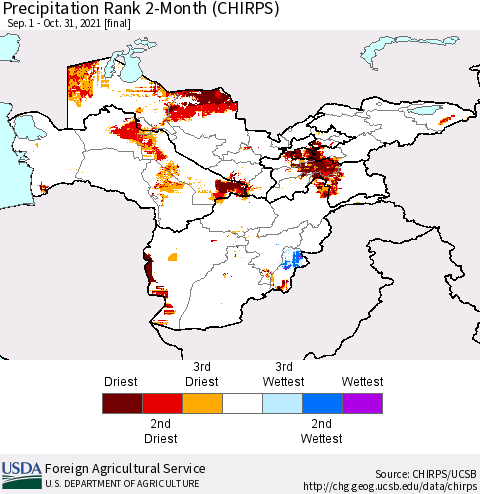 Central Asia Precipitation Rank since 1981, 2-Month (CHIRPS) Thematic Map For 9/1/2021 - 10/31/2021